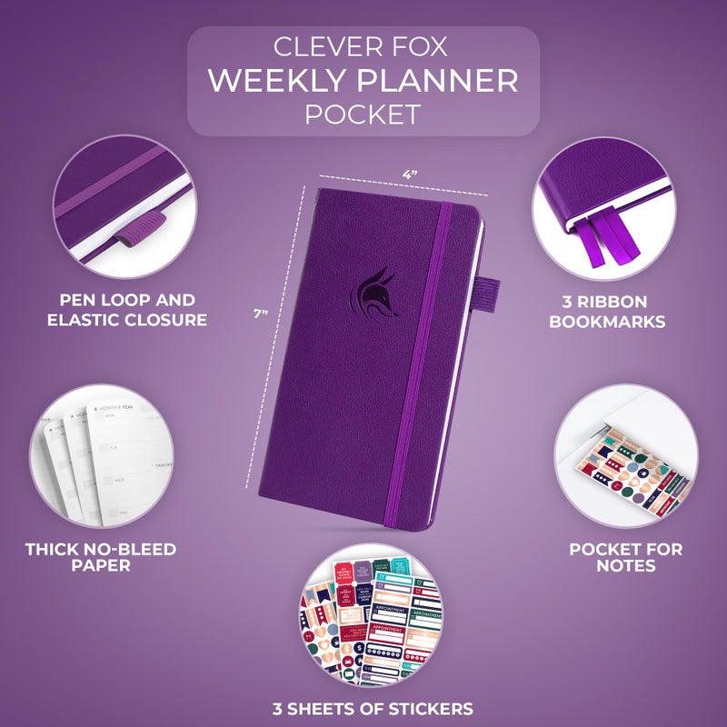 Clever Fox Pocket Planner Weekly â€“ Undated Monthly Goal Planner and Calendar, Mini Planner Perfect for Purse, 3.7x6.7" (Purple) - Image 2